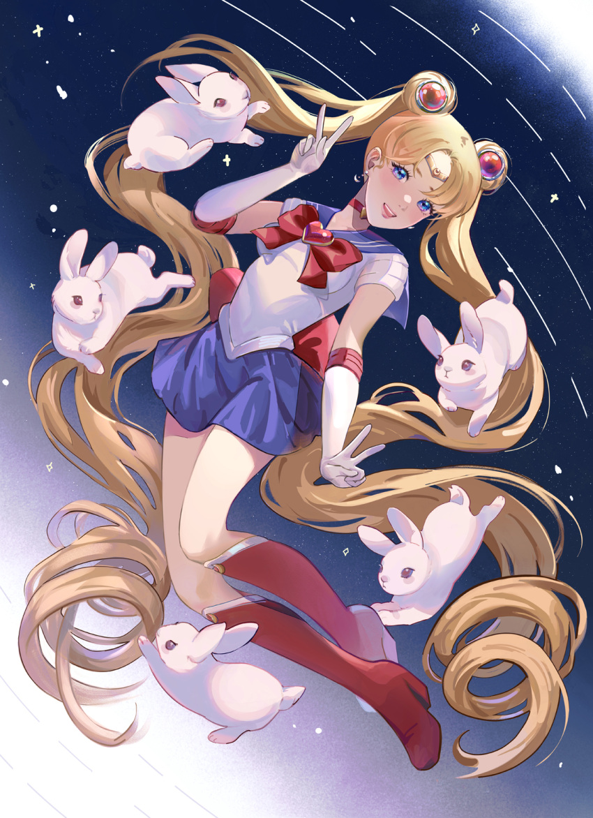 1girl bangs bishoujo_senshi_sailor_moon blonde_hair blue_eyes blue_sailor_collar blue_skirt boots bow bowtie breasts brooch chinese_zodiac choker crescent crescent_earrings double_bun earrings elbow_gloves floating full_body gem_hair_ornament gloves hair_bun heart_brooch high_heel_boots high_heels highres jewelry long_hair looking_at_viewer medium_breasts parted_bangs parted_lips rabbit red_bow red_bowtie red_choker red_eyes red_footwear sailor_collar sailor_moon sailor_senshi_uniform see-through see-through_sleeves shirt short_sleeves skirt smile tiara tsukino_usagi twintails v very_long_hair white_gloves white_shirt year_of_the_rabbit yubuki_i