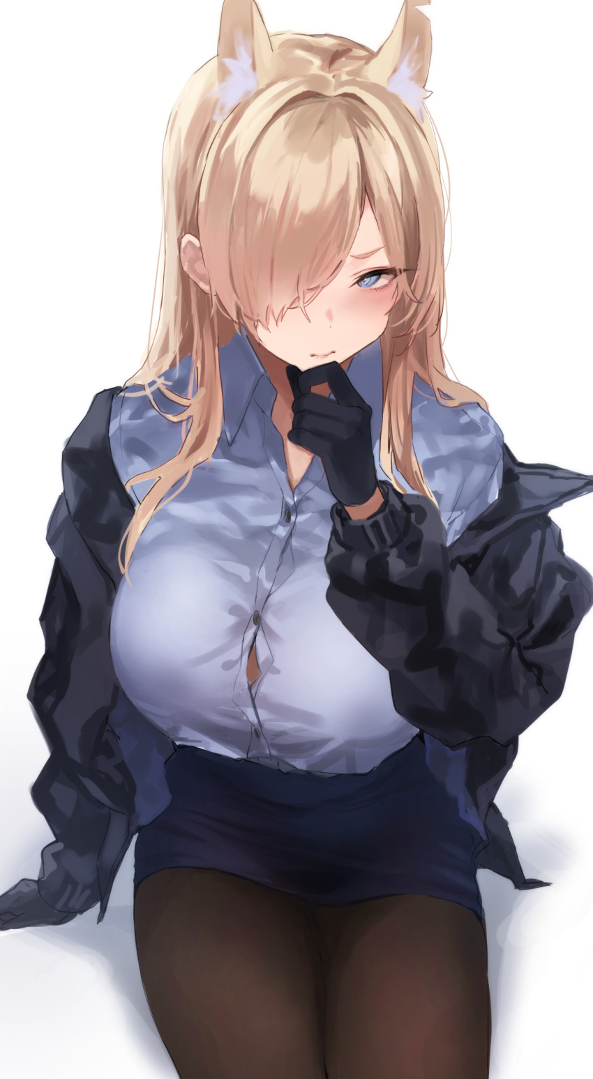 1girl animal_ear_fluff animal_ears black_gloves black_jacket blonde_hair blue_archive blue_eyes blue_shirt blue_skirt blush breasts brown_pantyhose closed_mouth collared_shirt commentary extra_ears gloves hair_over_one_eye hand_on_own_chin highres jacket kanna_(blue_archive) large_breasts long_hair long_sleeves looking_at_viewer navel off_shoulder pantyhose pencil_skirt ponpon_nun shirt shirt_tucked_in simple_background sitting skirt solo stroking_own_chin white_background