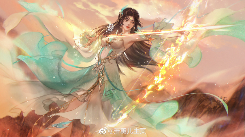 1girl absurdres aiming armpits bare_legs bow_(weapon) brown_hair closed_mouth detached_sleeves doupo_cangqiong dutch_angle earrings expressionless facial_mark flaming_weapon forehead_mark gu_xun_er_(doupo_cangqiong) hair_ornament highres holding holding_bow_(weapon) holding_weapon jewelry long_hair orange_sky second-party_source sky solo weapon zacao_tong