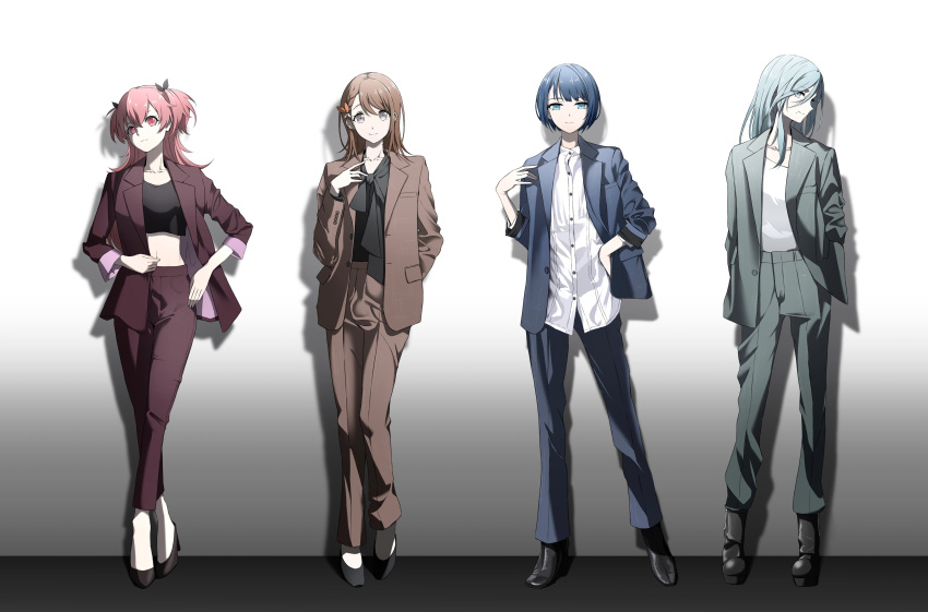 4girls absurdres alternate_costume bangs black_footwear black_shirt blue_eyes blue_hair brown_eyes brown_hair closed_mouth coat collarbone commentary formal full_body hanasato_minori hand_in_pocket hands_in_pockets highres hinomori_shizuku in_(in_0907) jacket kiritani_haruka light_blue_hair lineup long_hair long_sleeves looking_at_viewer momoi_airi more_more_jump!_(project_sekai) multiple_girls open_clothes open_jacket pants pink_eyes pink_hair project_sekai shirt shoes short_hair simple_background smile suit white_shirt