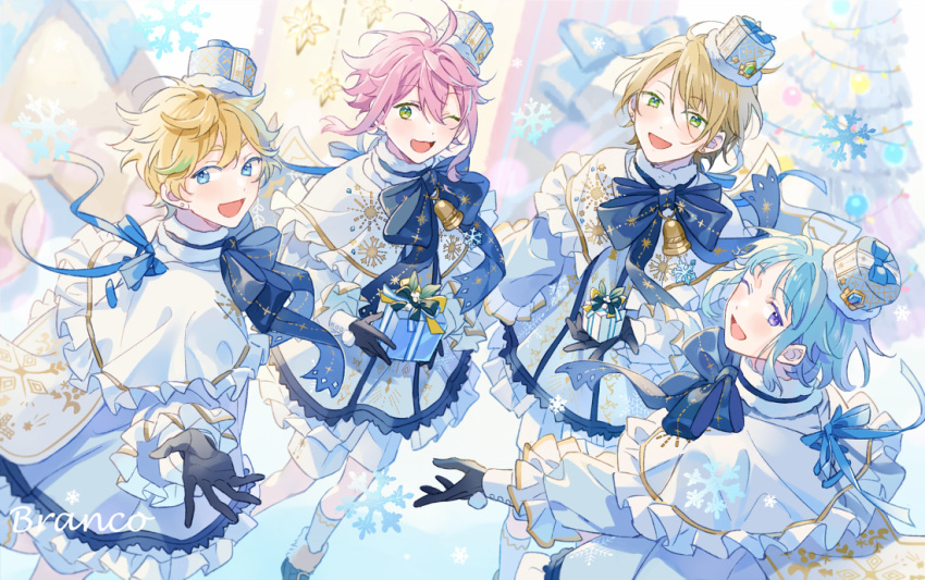 4boys aqua_hair bangs bell black_gloves blonde_hair blue_eyes blue_ribbon bow bowtie christmas_ornaments christmas_tree commentary ensemble_stars! frilled_sleeves frills gloves green_eyes green_hair hair_between_eyes harukawa_sora hat high_collar himemiya_touri long_sleeves male_focus multicolored_hair multiple_boys neck_bell official_alternate_costume one_eye_closed open_mouth pink_hair purple_eyes ribbon seuga shino_hajime shiratori_aira_(ensemble_stars!) short_hair shorts sidelocks snowflakes