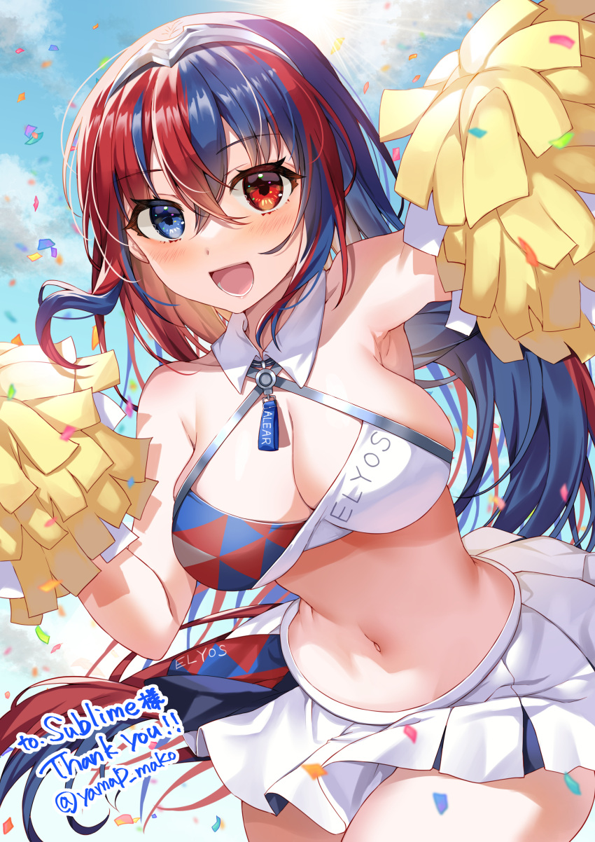 1girl :d absurdres adapted_costume alear_(female)_(fire_emblem) alear_(fire_emblem) arm_up armpits bangs bare_shoulders blue_archive blue_eyes blue_hair blue_sky blush breasts cheering cheerleader cleavage cloud collarbone commentary_request commission confetti cosplay cowboy_shot crop_top crossed_bangs day detached_collar fire_emblem fire_emblem_engage hair_between_eyes heterochromia hibiki_(blue_archive) hibiki_(blue_archive)_(cosplay) hibiki_(cheerleader)_(blue_archive) highres holding holding_pom_poms large_breasts long_hair looking_at_viewer lower_teeth_only midriff multicolored_hair navel open_mouth pleated_skirt pom_pom_(cheerleading) red_eyes red_hair sidelocks skeb_commission skirt sky smile solo split-color_hair standing sunlight teeth thank_you tiara two-tone_hair white_skirt yam_(yamap_mako)