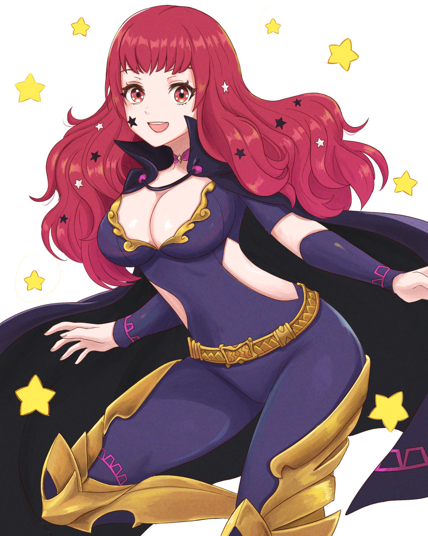 1girl :d absurdres black_cape bodysuit breasts cape cleavage commentary_request covered_navel facial_mark fire_emblem fire_emblem_engage highres large_breasts long_hair looking_at_viewer open_mouth purple_bodysuit red_eyes red_hair short_sleeves simple_background smile solo star_(symbol) thighs truejekart very_long_hair yunaka_(fire_emblem)