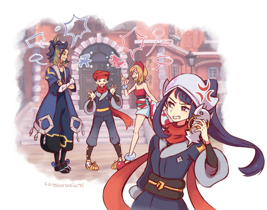 2boys 2girls adaman_(pokemon) akari_(pokemon) annoyed blonde_hair blue_hair constarlations highres irida_(pokemon) multiple_boys multiple_girls pokemon pokemon_(game) pokemon_legends:_arceus purple_eyes purple_hair red_scarf rei_(pokemon) scarf