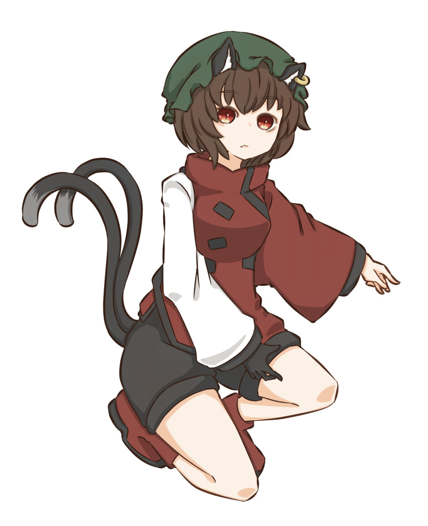 1girl :&lt; adapted_costume animal_ears black_gloves breasts brown_hair cat_ears cat_tail chen fang fang_out gloves hat highres jewelry looking_at_viewer medium_breasts multiple_tails nekomata one_knee short_hair shorts simple_background single_glove slit_pupils solo tail touhou two_tails watanukimurama white_background