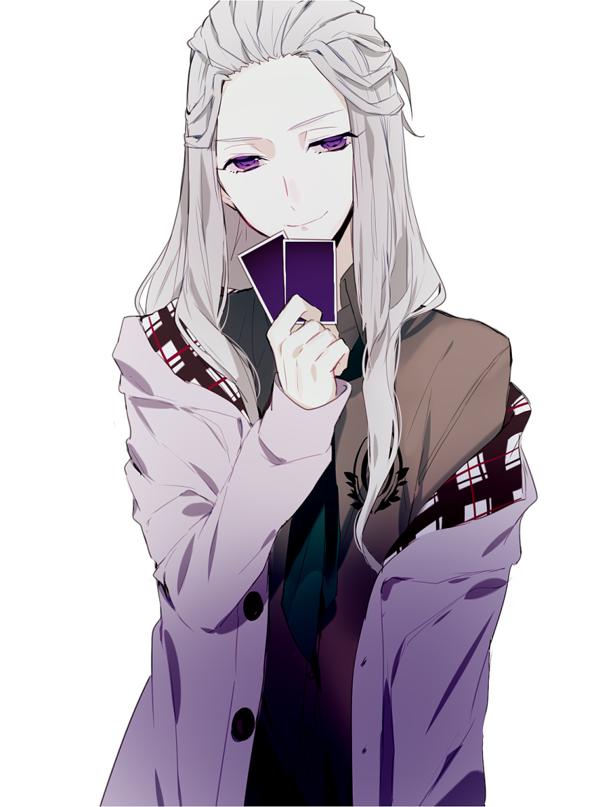 1boy blue_necktie card charade_maniacs closed_mouth coat coat_partially_removed grey_hair grey_shirt gyoubu_souta highres long_hair long_sleeves looking_at_viewer male_focus necktie purple_coat purple_eyes shirt skunlv smile solo