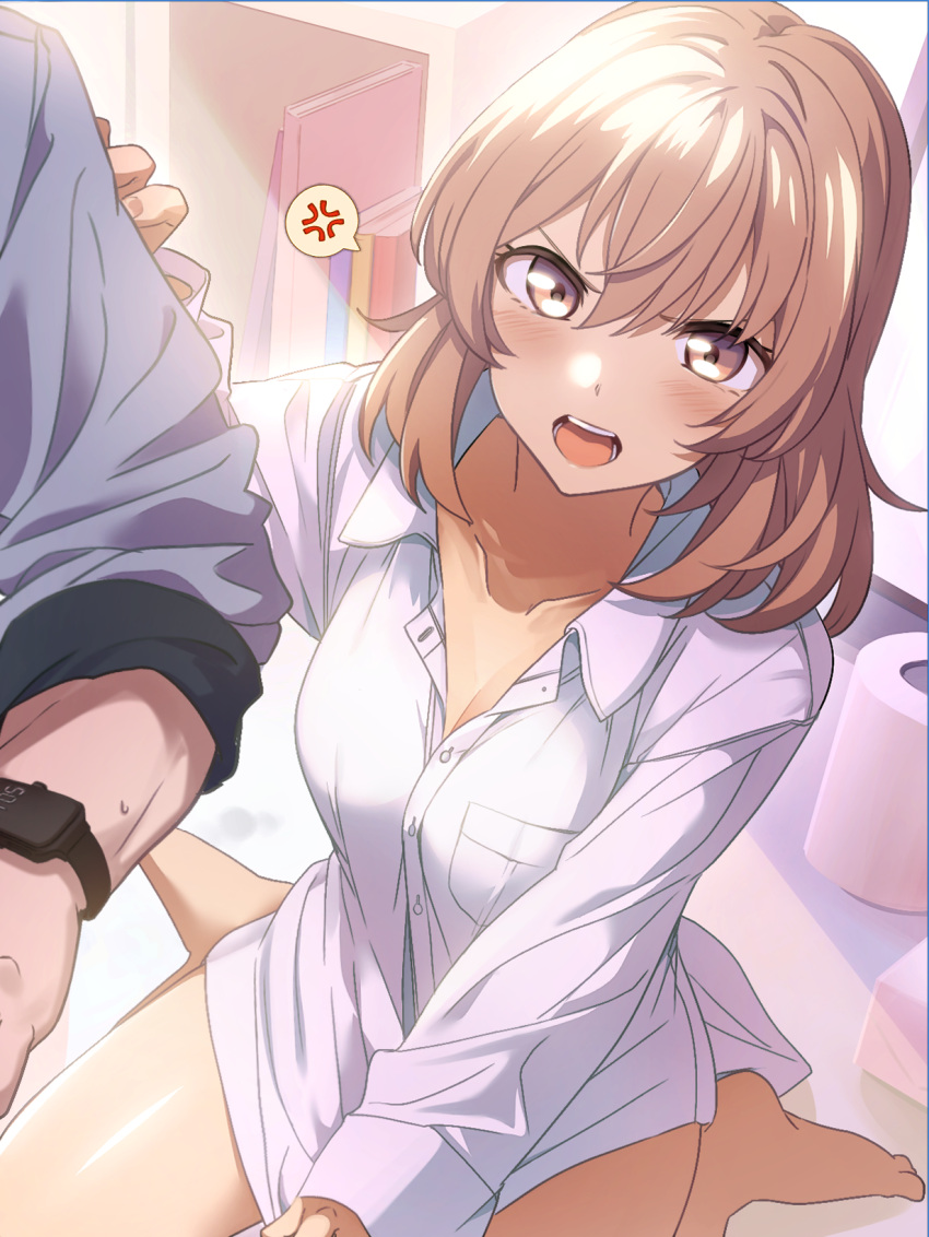 1boy 1girl anger_vein bangs barefoot blush borrowed_clothes breasts brown_eyes brown_hair cleavage collarbone collared_shirt commentary_request dress_shirt hair_between_eyes highres kazenoko long_sleeves medium_breasts naked_shirt open_mouth original shirt solo_focus spoken_anger_vein v-shaped_eyebrows white_shirt