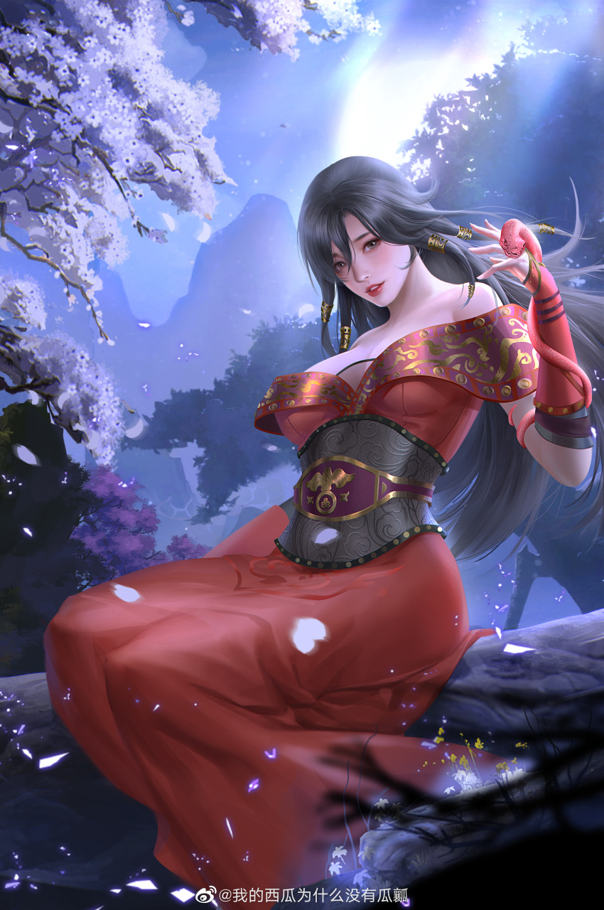 1girl absurdres animal_on_hand bare_shoulders black_hair chi_lian_(qin_shi_ming_yue) dress glowing highres light_rays long_hair mountain off-shoulder_dress off_shoulder outdoors parted_lips qianshui_bu_kaiche qin_shi_ming_yue red_dress second-party_source sitting snake solo teeth tree