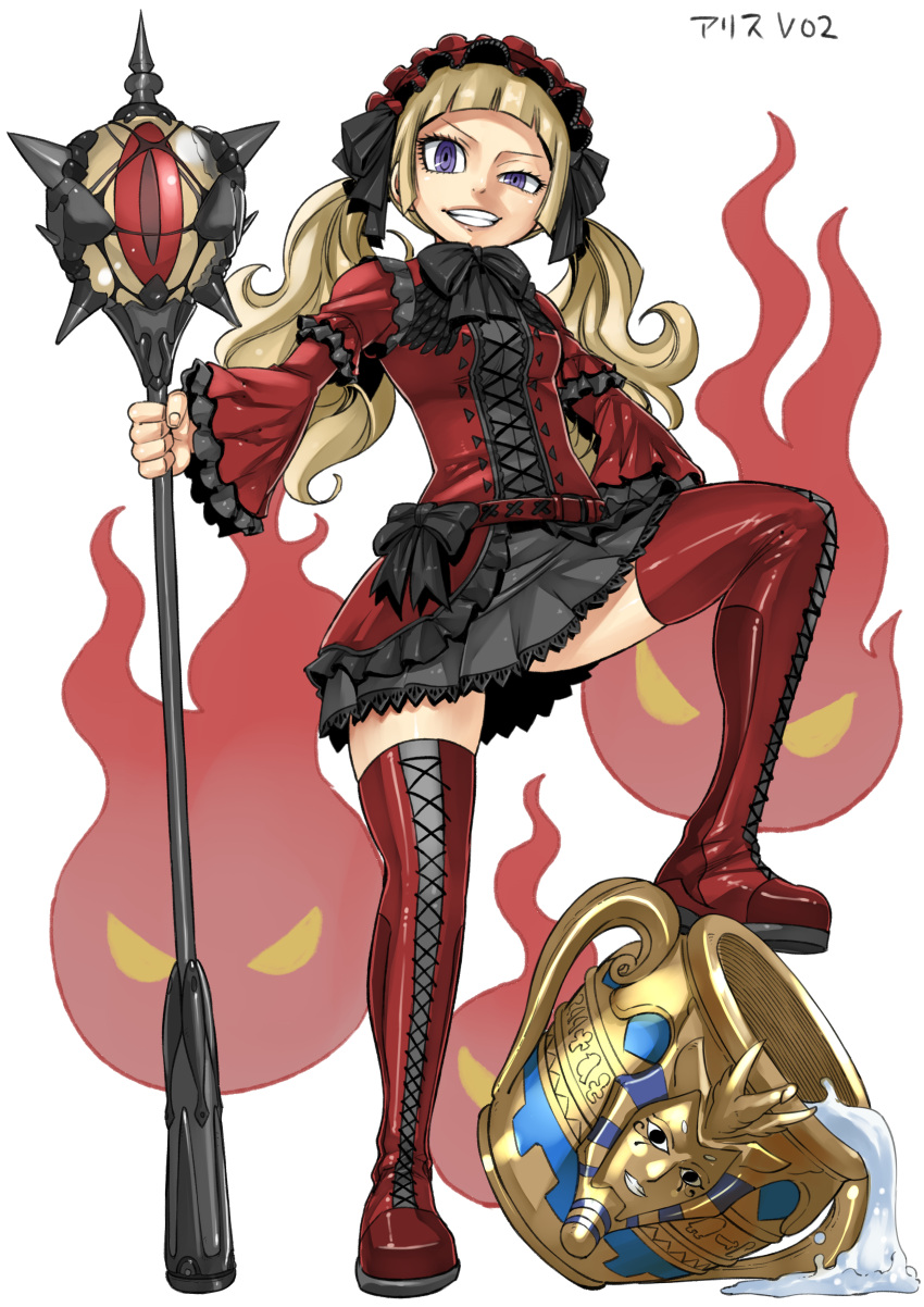 absurdres black_dress blonde_hair boots character_request commentary_request copyright_request dress full_body gesugao gothic_lolita hairband highres holding holding_weapon lolita_fashion lolita_hairband looking_at_viewer mashima_hiro purple_eyes red_dress red_footwear simple_background teeth thigh_boots twintails two-tone_dress urn water weapon white_background