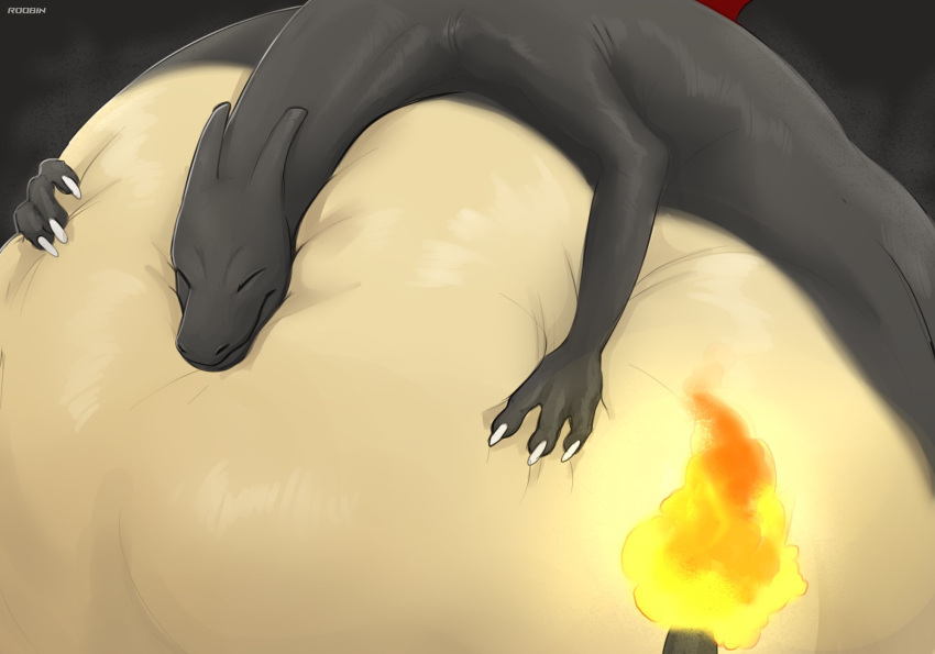 ambiguous_gender artist_name belly big_belly charizard claws eyes_closed fire flaming_tail generation_1_pokemon grey_body grey_horn hi_res horn huge_belly hyper hyper_belly mouth_closed nintendo pokemon pokemon_(species) roobin solo white_claws yellow_body