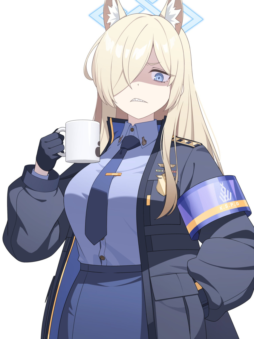 1girl animal_ears armband black_gloves blonde_hair blue_archive blue_eyes blue_necktie blue_shirt child_(isoliya) clenched_teeth coffee_mug commentary cup gloves hair_over_one_eye halo hand_in_own_hair hand_in_pocket highres holding holding_cup kanna_(blue_archive) looking_at_viewer mug necktie police police_uniform policewoman sharp_teeth shirt simple_background solo symbol-only_commentary teeth uniform white_background