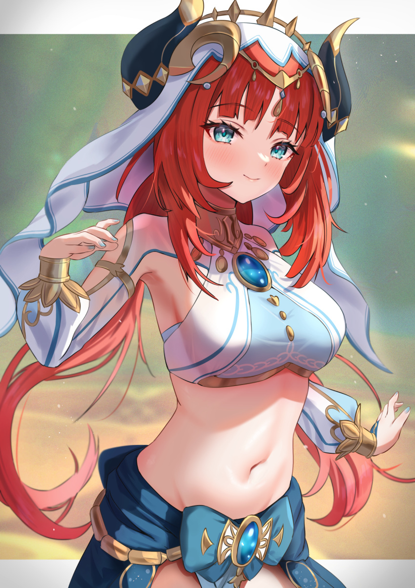1girl bangs blue_bow blue_nails bow bracer breasts circlet closed_mouth cowboy_shot crop_top desire_(tbot7) fake_horns genshin_impact hand_up harem_outfit highres horns long_hair long_sleeves looking_at_viewer low_twintails medium_breasts navel nilou_(genshin_impact) parted_bangs puffy_long_sleeves puffy_sleeves red_hair smile solo stomach twintails veil white_headwear