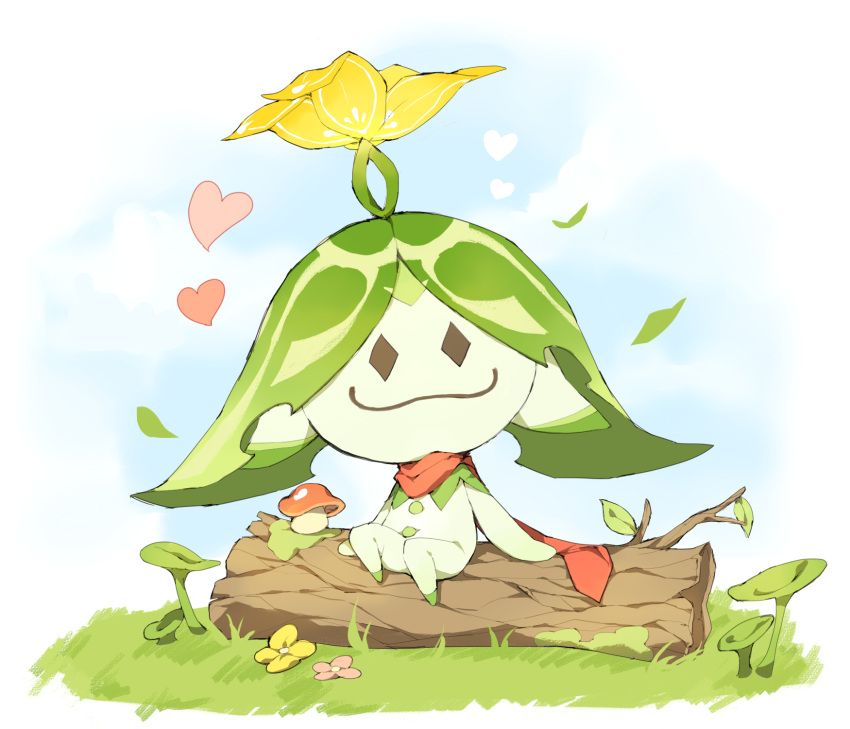 :3 arama_(genshin_impact) aranara_(genshin_impact) blue_sky cloud commentary_request flower full_body genshin_impact grass heart highres k_k_(adkk8243) leaf log looking_at_viewer moss mushroom no_humans pink_flower plant red_scarf scarf sitting sitting_on_log sky smile stick white_background yellow_flower