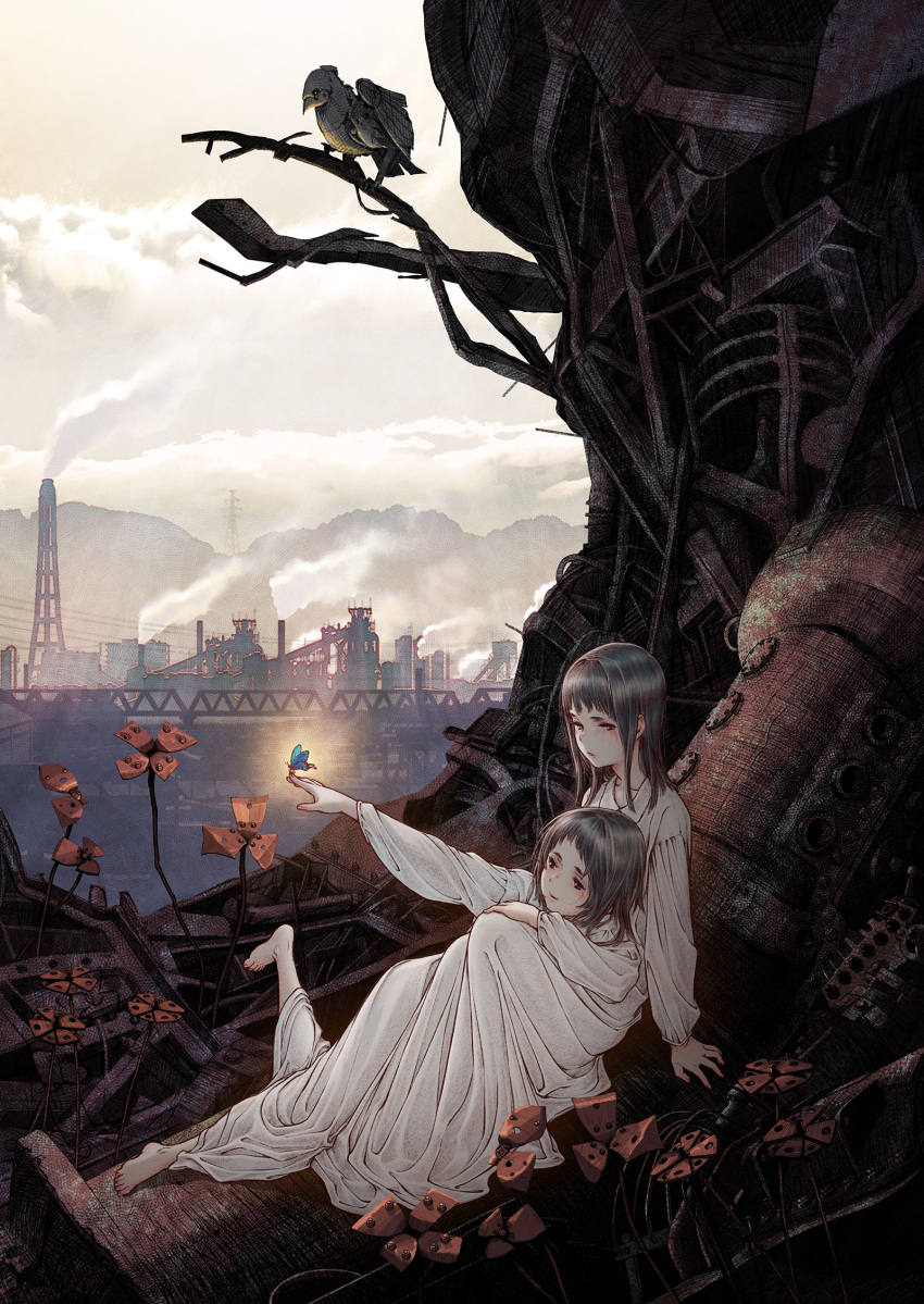2girls artist_request bangs barefoot bird black_eyes black_hair bug butterfly butterfly_on_hand character_request chimney cloud copyright_request day dress factory highres key_visual long_dress long_hair long_sleeves multiple_girls official_art promotional_art white_dress