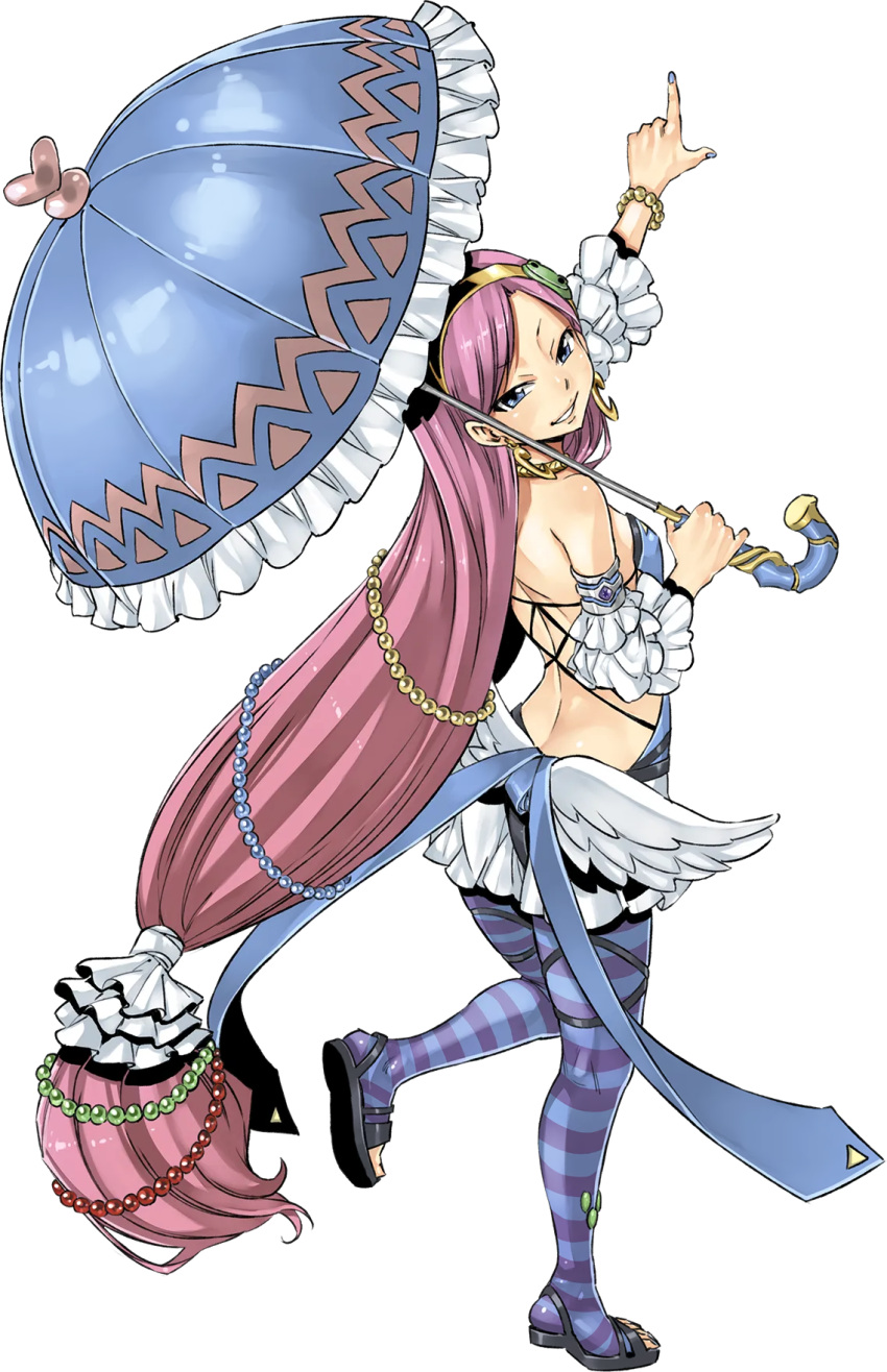 1girl blue_eyes full_body gate_of_nightmares highres holding holding_umbrella jewelry lambelka long_hair mashima_hiro official_art parasol pink_hair pointing purple_thighhighs smile solo standing standing_on_one_leg striped striped_thighhighs thighhighs transparent_background umbrella very_long_hair