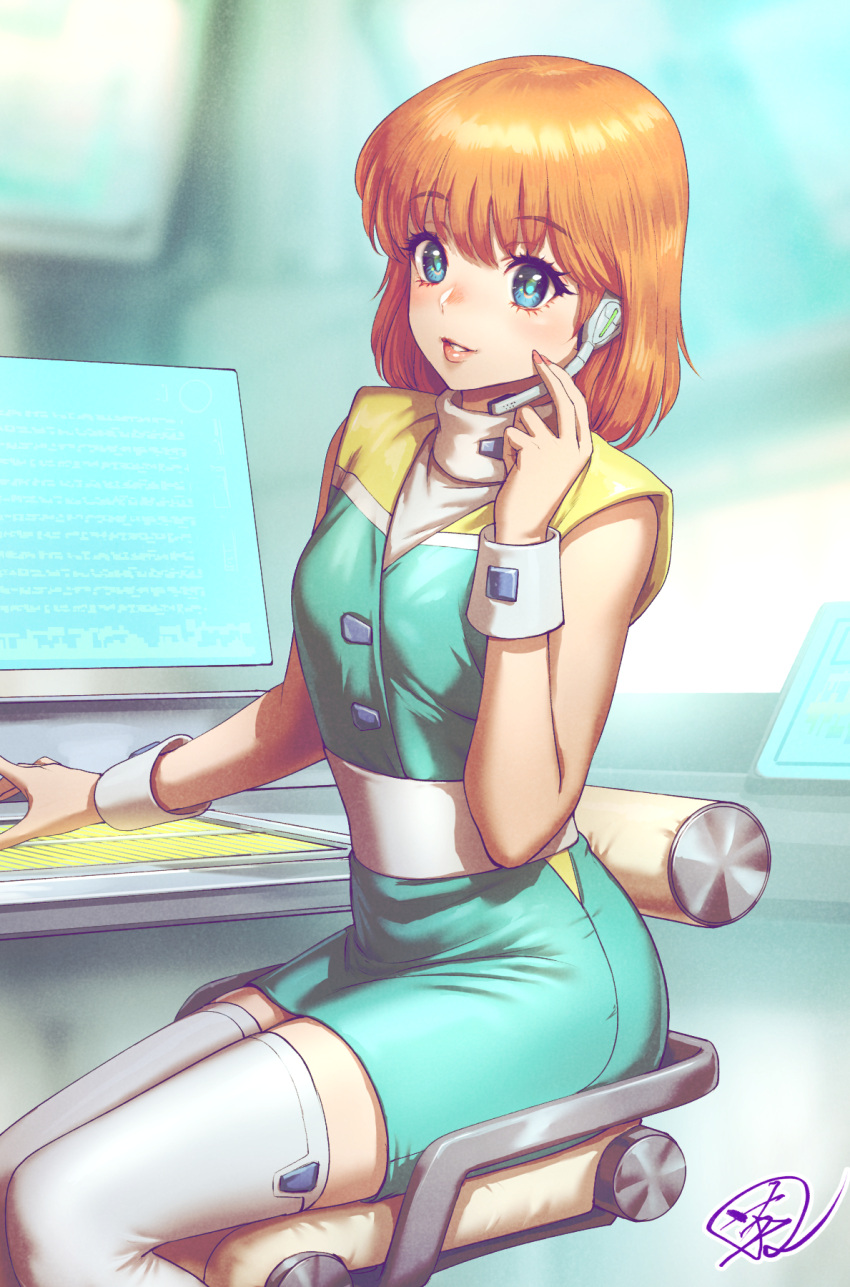 1girl bangs bare_shoulders blue_eyes blurry blurry_background blush breasts buttons commentary commission dress fingernails fujii_eishun hand_up headset highres lips looking_at_viewer orange_hair parted_lips phantasy_star phantasy_star_ii short_dress short_hair signature simple_background sitting sleeveless small_breasts smile solo thighhighs wristband zettai_ryouiki