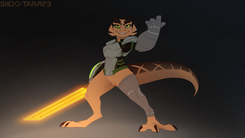 6-9 alien anthro armor clothed clothing cybernetic_limb cybernetics cyborg female genitals hi_res lizard machine melee_weapon partially_clothed pussy reptile scalie shido-tara simple_background solo sword weapon