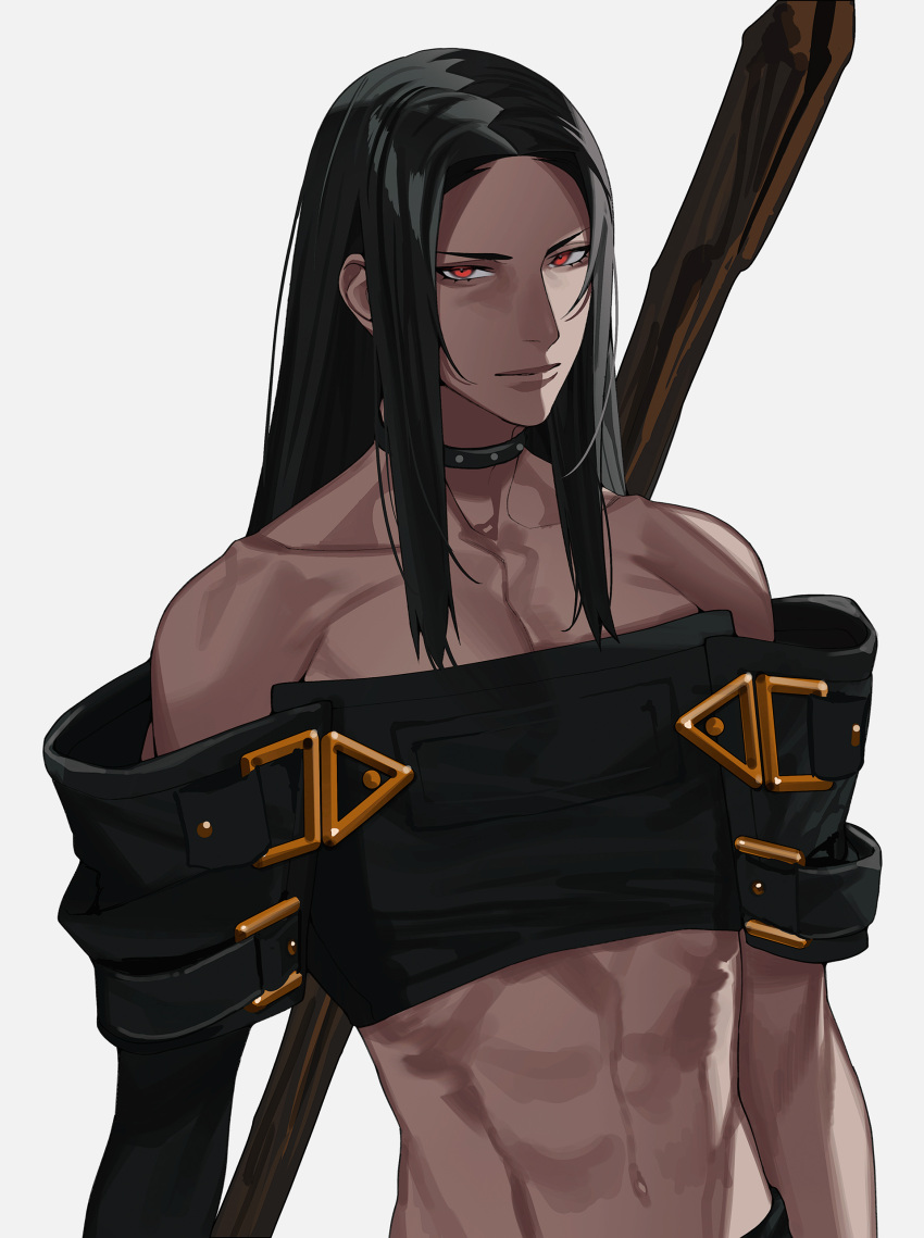 1boy abs absurdres androgynous asymmetrical_sleeves bare_shoulders black_choker black_hair choker guilty_gear guilty_gear_xx highres long_hair looking_at_viewer male_focus navel red_eyes scythe sokuse_kienta testament_(guilty_gear)