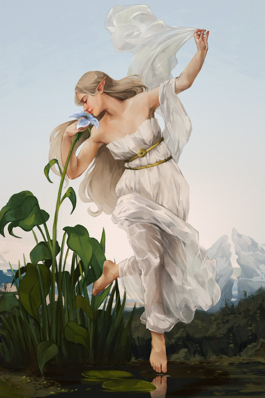 1girl bangs bare_shoulders barefoot blonde_hair blue_flower breasts derivative_work dress floating flower full_body highres lily_pad long_dress long_hair medium_breasts mimimaru mountain nature outdoors parted_bangs pointy_ears princess_zelda realistic silent_princess smelling_flower smile solo strapless strapless_dress the_legend_of_zelda the_legend_of_zelda:_breath_of_the_wild triforce walking walking_on_liquid white_dress