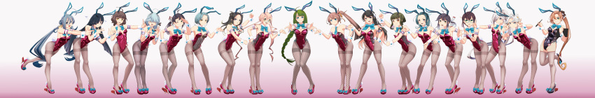 6+girls absurdres adapted_costume ahoge akigumo_(kancolle) akigumo_kai_ni_(kancolle) akishimo_(kancolle) animal_ears aqua_bow aqua_bowtie asashimo_(kancolle) asymmetrical_bangs asymmetrical_hair bangs black_hair black_leotard black_ribbon blue-framed_eyewear blue_hair blunt_bangs bob_cut bow bowtie braid breasts brown_eyes brown_hair colored_inner_hair detached_collar double_bun fake_animal_ears fake_tail fishnet_pantyhose fishnets forehead fujinami_(kancolle) glasses gradient_hair green_eyes green_hair grey_eyes grey_hair grey_pantyhose grey_thighhighs hair_between_eyes hair_bun hair_over_eyes hair_over_one_eye hair_ribbon hairband hamanami_(kancolle) hayanami_(kancolle) hayashimo_(kancolle) highleg highleg_leotard highres hime_cut kantai_collection kazagumo_(kancolle) kazagumo_kai_ni_(kancolle) kishinami_(kancolle) kiyoshimo_(kancolle) leotard long_hair low_twintails makigumo_(kancolle) makinami_(kancolle) medium_breasts medium_hair moke_ro mole mole_under_eye mole_under_mouth multicolored_hair multiple_girls naganami_(kancolle) naganami_kai_ni_(kancolle) no_pupils odd_one_out okinami_(kancolle) pantyhose pink_hair playboy_bunny ponytail purple_hair purple_leotard rabbit_ears rabbit_tail red_eyes ribbon sharp_teeth short_hair short_hair_with_long_locks side_braids side_ponytail sidelocks single_braid single_hair_bun small_breasts strapless strapless_leotard suzunami_(kancolle) tail takanami_(kancolle) takanami_kai_ni_(kancolle) tamanami_(kancolle) teeth thighband_pantyhose thighhighs thighhighs_over_pantyhose twintails two-tone_hair very_long_hair wavy_hair white_hair white_hairband white_ribbon wide_image wrist_cuffs yuugumo_(kancolle)