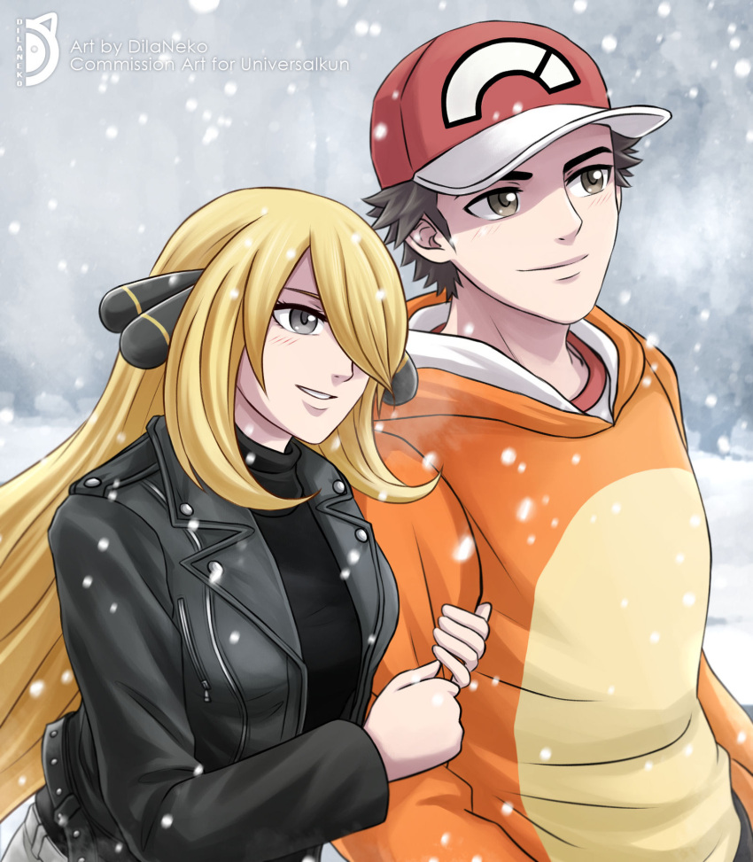 1boy 1girl alternate_costume blonde_hair blush charizard charizard_(cosplay) commission cosplay cynthia_(pokemon) doraneko hair_ornament hair_over_one_eye highres holding_another's_arm hood hoodie jacket leather leather_jacket long_hair pokemon pokemon_(game) pokemon_dppt pokemon_sm red_(pokemon) signature smile snow winter winter_clothes