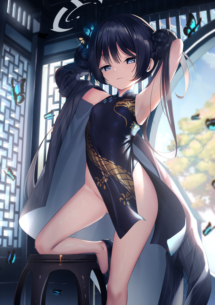 1girl armpits arms_behind_head arms_up bangs bare_shoulders black_dress black_hair blue_archive blue_eyes braid braided_bun breasts butterfly_hair_ornament china_dress chinese_clothes covered_navel double_bun dragon_print dress grey_eyes grey_jacket hair_bun hair_ornament halo highres jacket kisaki_(blue_archive) long_hair looking_at_viewer off_shoulder pelvic_curtain print_dress short_dress side_slit sleeveless sleeveless_dress small_breasts smile solo striped striped_jacket twintails vertical-striped_jacket vertical_stripes yan_(nicknikg)