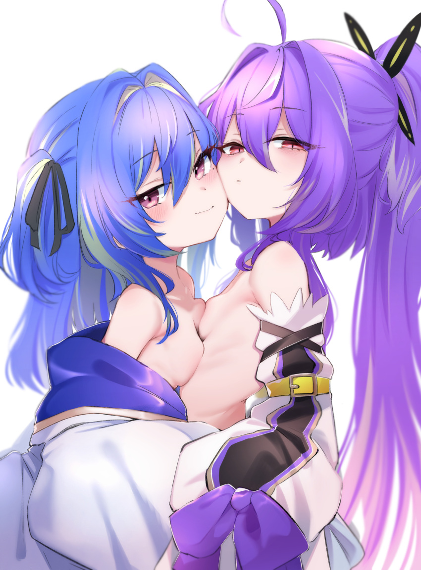 2girls 774_inc. absurdres ahoge black_ribbon blue_hair breast_press breasts cheek-to-cheek closed_mouth commentary_request detached_sleeves hair_between_eyes hair_ribbon heads_together highres hiyoku_no_crosspiece long_hair looking_at_viewer mole mole_under_eye multiple_girls pink_eyes ponytail purple_hair red_eyes ribbon shisui_kiki simple_background small_breasts smile suzumi_nemo symmetrical_docking utsusumi_kio virtual_youtuber white_background