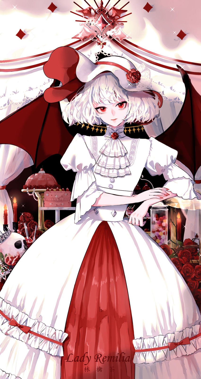 1girl adapted_costume ascot bat_wings brooch cake character_name closed_mouth dress expressionless flower food glint hat hat_flower highres indoors jewelry juliet_sleeves lips long_sleeves looking_at_viewer petals puffy_sleeves red_eyes red_flower red_nails red_rose remilia_scarlet ringocha rose rose_petals short_hair skull sleeves_past_elbows touhou white_hair wings