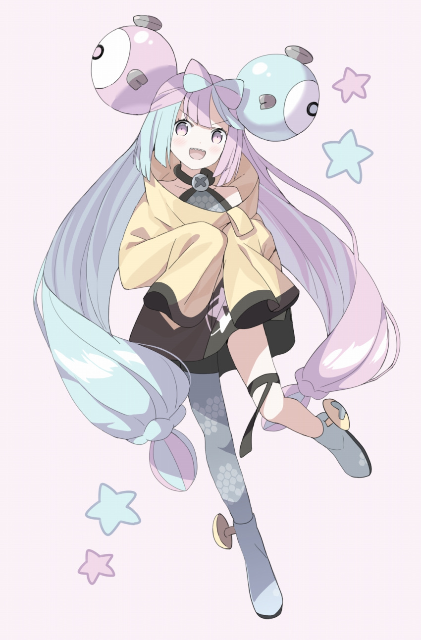 1girl :d bare_shoulders blue_hair blush bow-shaped_hair collarbone commentary_request full_body grey_footwear grey_pantyhose grey_shirt highres iono_(pokemon) jacket long_hair long_sleeves looking_at_viewer multicolored_hair pantyhose pink_background pink_eyes pink_hair pokemon pokemon_(game) pokemon_sv sharp_teeth shirt shoes simple_background single_leg_pantyhose sleeveless sleeveless_shirt sleeves_past_fingers sleeves_past_wrists smile solo standing standing_on_one_leg star_(symbol) tantan_men_(dragon) teeth two-tone_hair v-shaped_eyebrows very_long_hair yellow_jacket