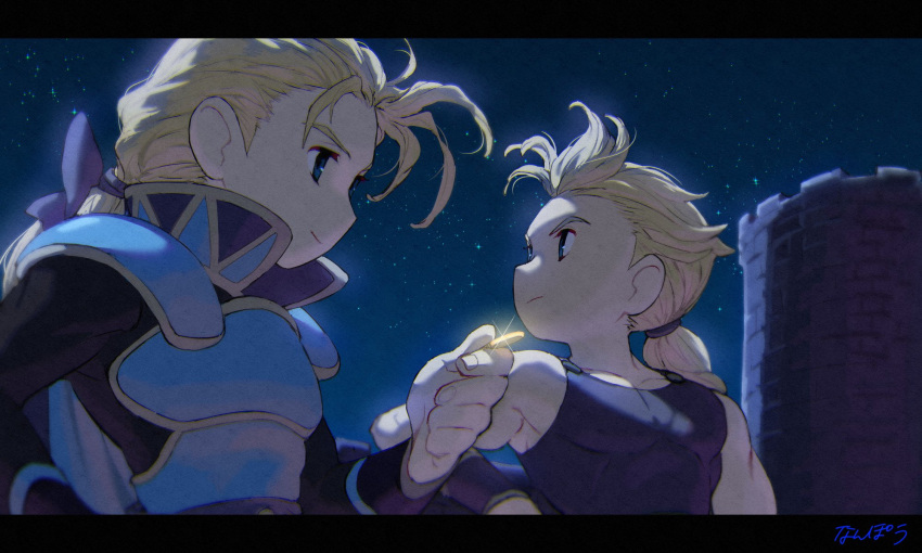 2boys armor artist_name bangs bare_shoulders blonde_hair blue_eyes blue_ribbon blue_tank_top breastplate brothers coin edgar_roni_figaro final_fantasy final_fantasy_vi hair_ribbon hair_tie highres holding holding_coin letterboxed long_hair long_sleeves looking_back low_ponytail male_focus mash_rene_figaro multiple_boys nanpou_(nanpou0021) night night_sky pectorals plate_armor ribbon shirt shoulder_armor siblings sky sleeveless sleeveless_shirt tank_top toned toned_male turret twins upper_body