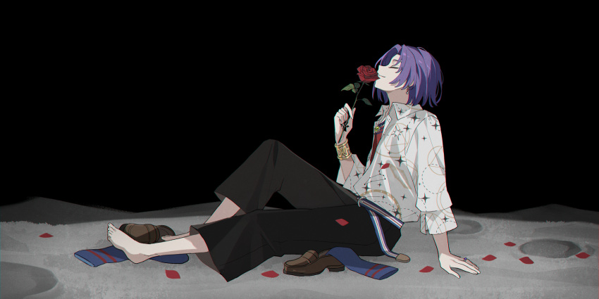 1boy barefoot belt bishounen black_pants blue_socks brown_footwear closed_eyes crater earrings flower highres holding holding_flower jewelry mahoutsukai_no_yakusoku male_focus moon murr_hart on_moon pants petals purple_hair red_flower red_rose rose rose_petals sakuraihum shirt shoes shoes_removed short_hair smelling_flower smile socks socks_removed white_shirt wristband