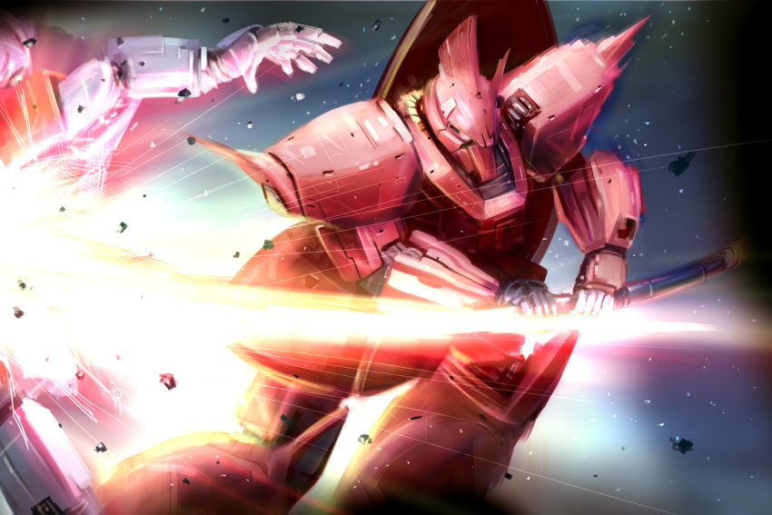 beam_saber duel explosion gelgoog gelgoog_s_char_custom gm_(mobile_suit) gundam light mecha mobile_suit mobile_suit_gundam no_humans ondadoor realistic robot science_fiction sketch space victory weapon zeon