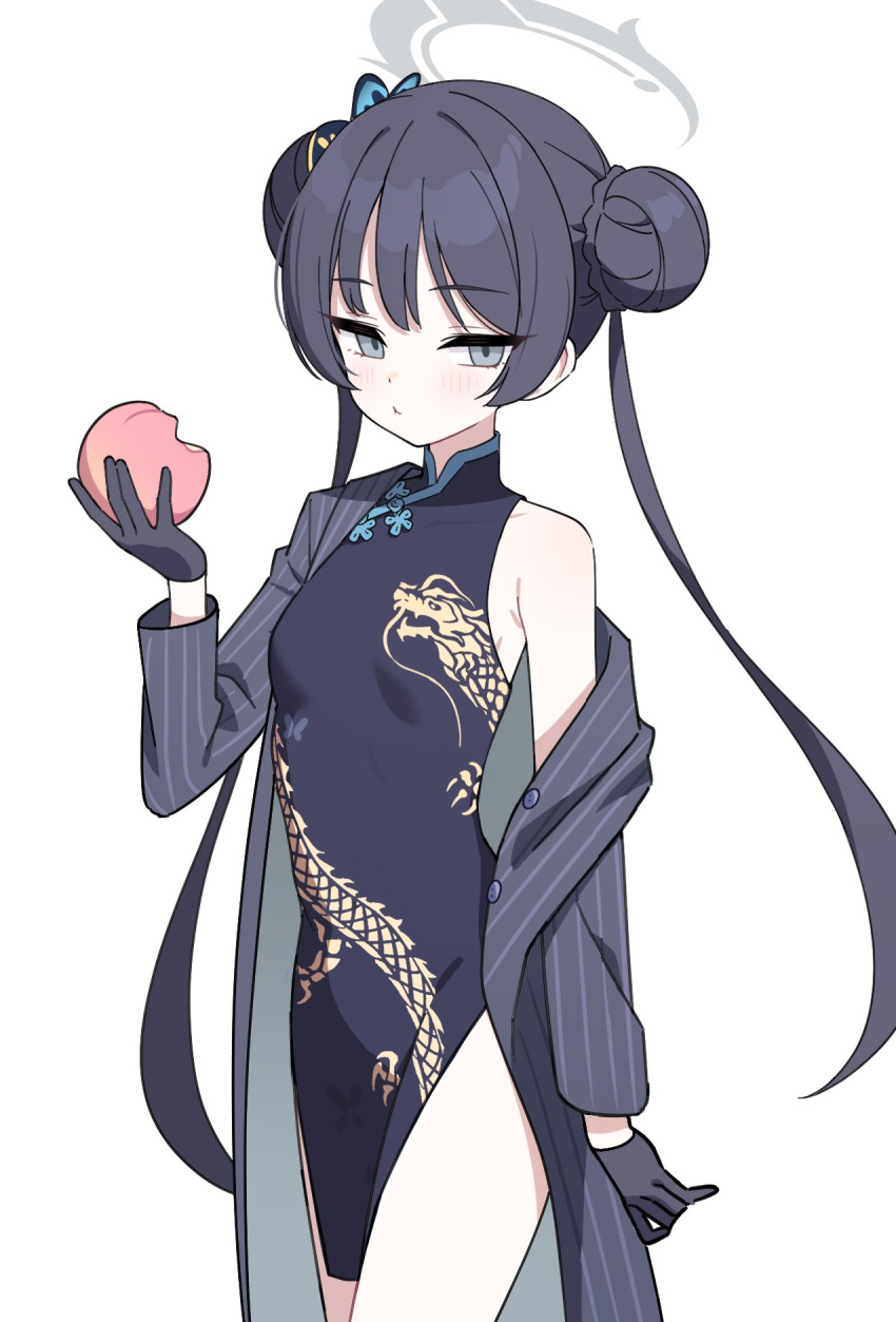 black_gloves black_hair blue_archive butterfly_hair_ornament child_(isoliya) china_dress chinese_clothes coat commentary cropped_legs double_bun dragon_print dress food fruit gloves grey_coat grey_eyes hair_bun hair_ornament halo highres holding holding_food holding_fruit kisaki_(blue_archive) long_hair looking_at_viewer off_shoulder peach sidelocks symbol-only_commentary twintails very_long_hair white_background