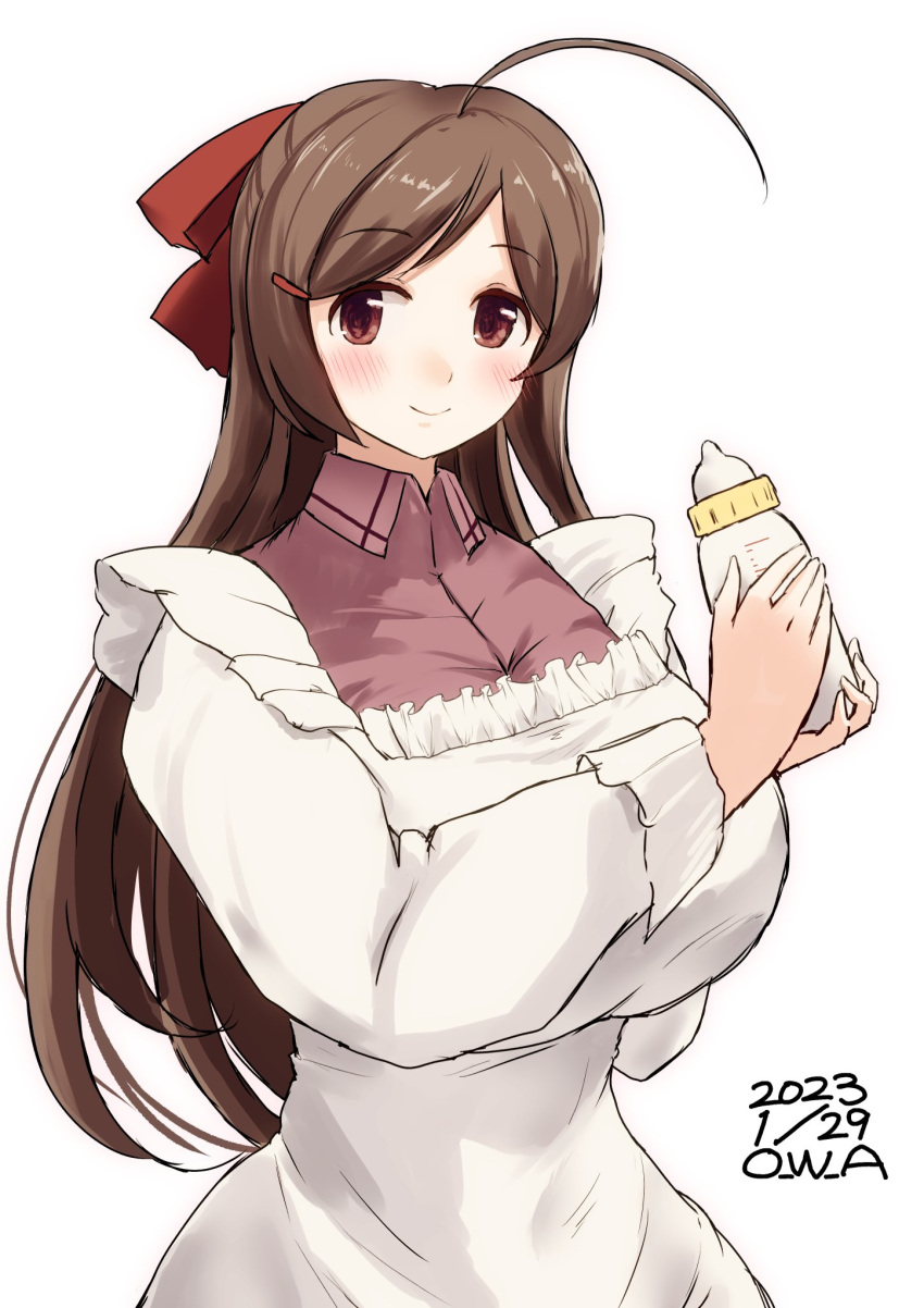 1girl ahoge apron baby_bottle bottle breasts brown_hair collared_shirt cowboy_shot dated hair_ornament hair_ribbon hairclip highres holding holding_bottle kantai_collection kappougi large_breasts long_hair mamiya_(kancolle) one-hour_drawing_challenge owa_(ishtail) pink_shirt red_eyes ribbon shirt simple_background solo twitter_username white_background