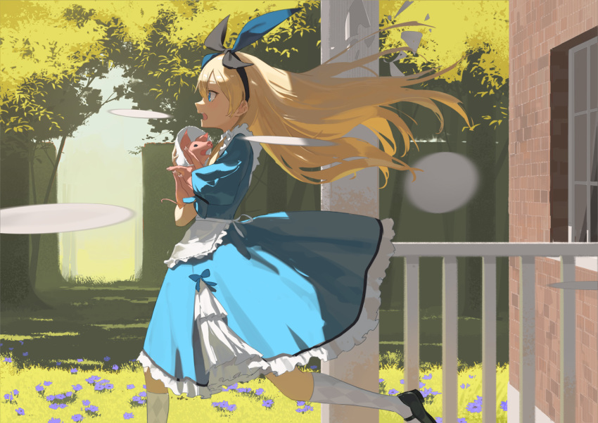 1girl alice_(alice_in_wonderland) alice_in_wonderland animal bangs black_footwear black_hairband blonde_hair blue_dress blue_eyes blue_hairband blue_ribbon commentary curtains dappled_sunlight day dress english_commentary floating_hair flower foot_out_of_frame frilled_dress frills from_side grass hair_between_eyes hairband heterochromia holding holding_animal house kneehighs loafers long_hair open_mouth outdoors pig pinafore_dress puffy_short_sleeves puffy_sleeves purple_flower ribbon running shoes short_sleeves sleeves_past_wrists socks solo sunlight teeth tree upper_teeth_only wakuseiy white_socks window yellow_eyes