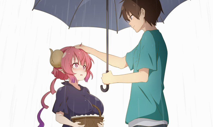 1boy 1girl absurdres aida_taketo basket between_breasts black_shirt blush breasts bright_pupils brown_eyes brown_hair check_commentary commentary commentary_request curled_horns dragon_girl dragon_horns from_side gradient_hair green_shirt hand_on_another's_head headpat height_difference highres holding holding_basket holding_umbrella horns huge_breasts ilulu_(maidragon) kobayashi-san_chi_no_maidragon looking_at_another multicolored_hair nijizuki_shino open_mouth pink_eyes pink_hair pointy_ears purple_hair rain shirt short_hair short_sleeves simple_background smile tearing_up two-tone_hair umbrella white_background white_pupils