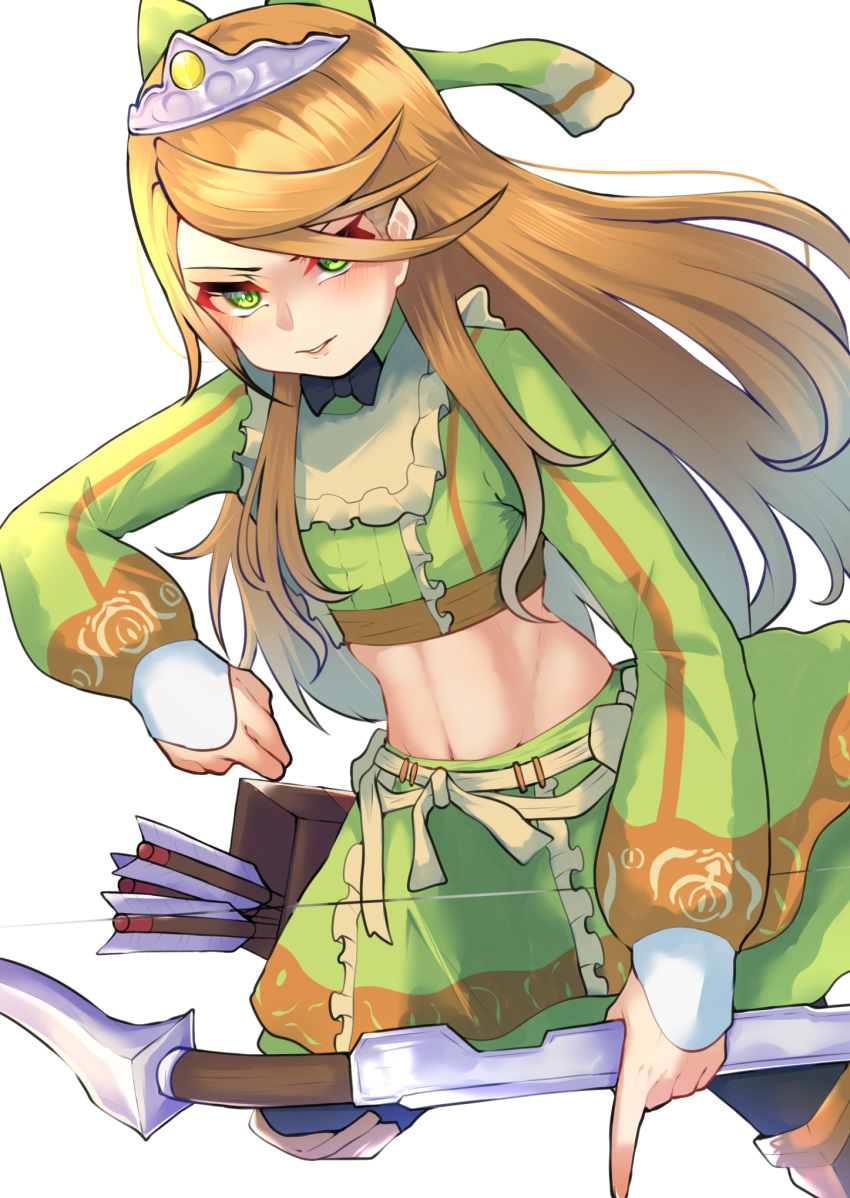 1girl arrow_(projectile) bow bow_(weapon) brown_hair commentary crop_top etie_(fire_emblem) fire_emblem fire_emblem_engage green_bow green_eyes green_shirt green_skirt hair_bow highres holding holding_bow_(weapon) holding_weapon long_hair long_sleeves looking_at_viewer midriff navel parted_lips quiver shirt shutchi skirt solo stomach tiara very_long_hair weapon