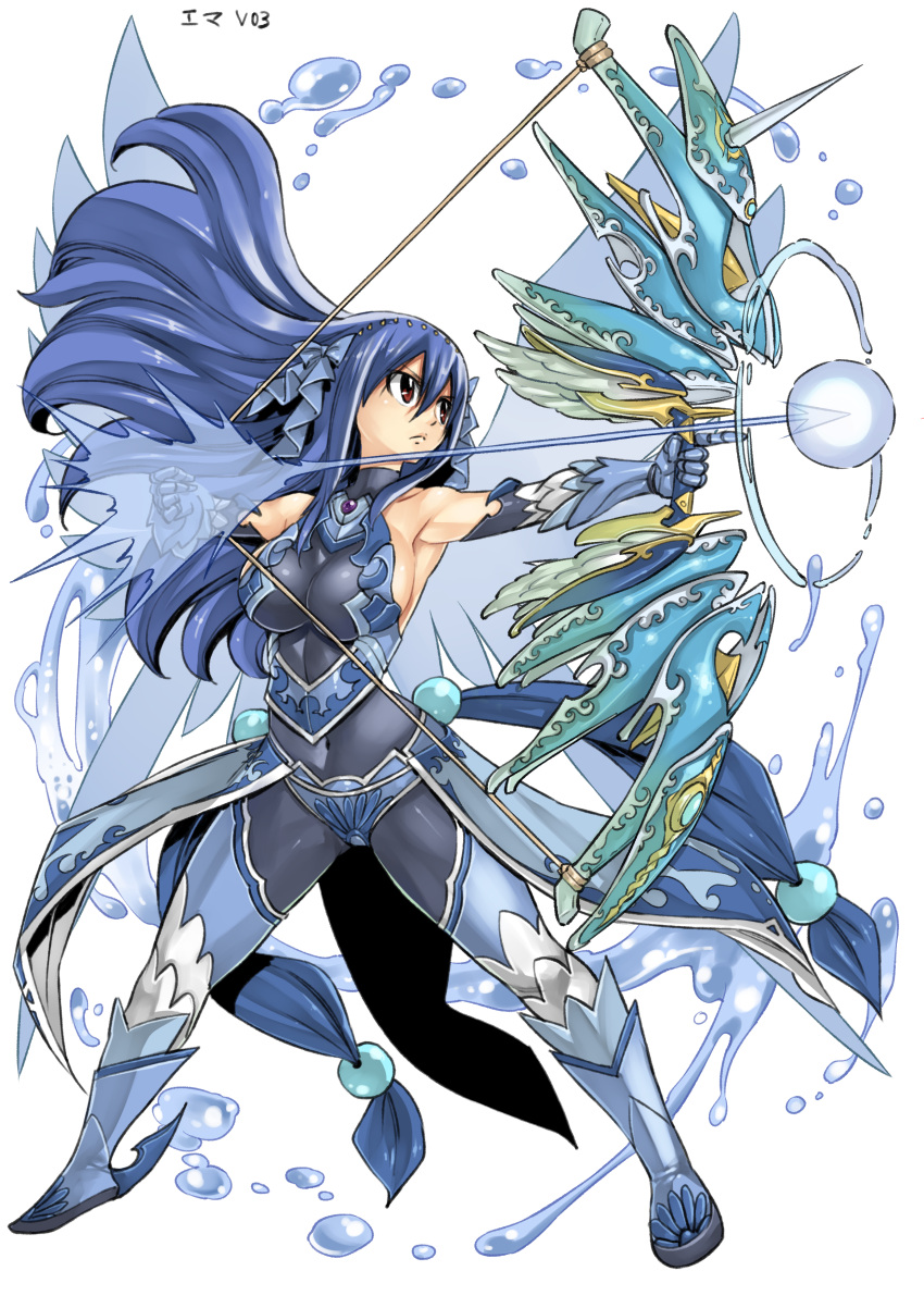 1girl absurdres armor armpits bare_shoulders blue_hair bow_(weapon) character_request copyright_request elbow_gauntlets full_body gauntlets highres holding holding_weapon long_hair mashima_hiro red_eyes water weapon