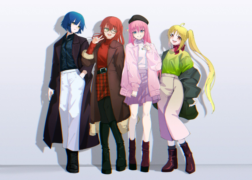 4girls ;d ahoge ankle_boots bangs bespectacled blunt_bangs blush bocchi_the_rock! boots brown_coat casual coat fashion full_body glasses gotou_hitori hand_in_pocket highres ijichi_nijika jacket jacket_partially_removed kisaragi_chiyuki kita_ikuyo knee_boots looking_at_viewer multiple_girls one_eye_closed one_side_up pantyhose pink_jacket pleated_skirt side_ponytail skirt smile v yamada_ryou
