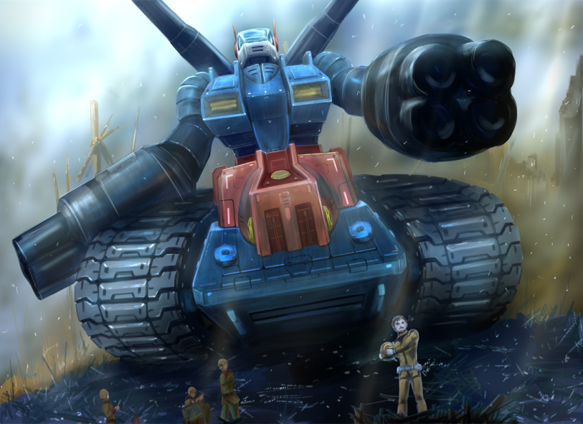 aiming_at_viewer arm_cannon army bare_tree burnt caterpillar_tracks debris earth_federation gundam guntank headwear_removed helmet helmet_removed mecha military military_uniform mobile_suit mobile_suit_gundam ondadoor robot science_fiction size_difference soldier tree uniform weapon