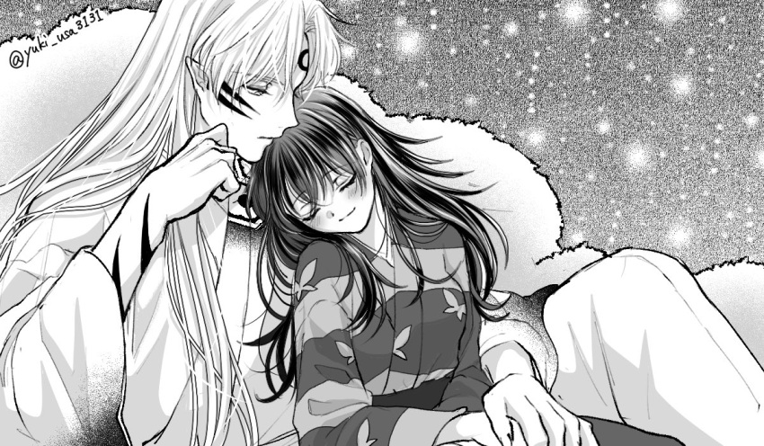 1boy 1girl bangs black_hair blush body_markings breasts closed_eyes couple cuddling demon_boy facial_mark forehead_mark greyscale half-closed_eyes hand_to_own_face hetero holding_hands inuyasha japanese_clothes kimono long_hair medium_breasts monochrome parted_bangs pointy_ears rin_(inuyasha) sesshoumaru smile twitter_username upper_body white_hair yukiusa