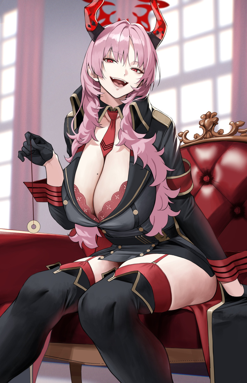1girl absurdres armband bangs belt between_breasts black_belt black_gloves black_jacket blue_archive breasts cleavage coin collared_jacket couch detached_collar gloves hair_between_eyes halo highres holding_pendulum holed_coin horns jacket large_breasts long_hair long_sleeves looking_at_viewer military_jacket mole mole_on_breast necktie necktie_between_breasts on_couch open_mouth pink_hair red_eyes red_necktie red_thighhighs satsuki_(blue_archive) side_slit sitting smile solo thighhighs yoshio_(55level)