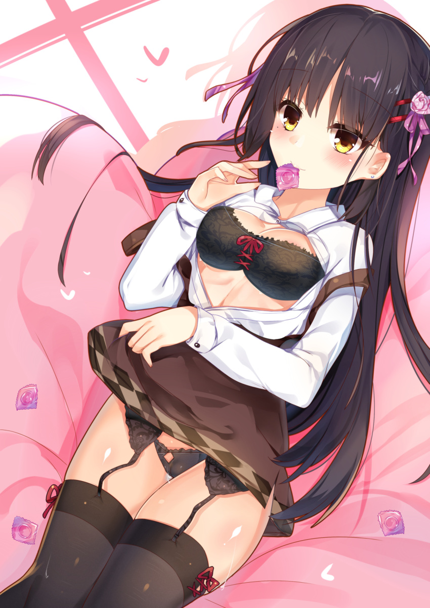 1girl absurdres bangs black_bra black_garter_belt black_hair black_panties black_thighhighs blush bra breasts breasts_out brown_skirt cafe_stella_to_shinigami_no_chou cameltoe closed_mouth clothes_lift condom condom_in_mouth earrings eyelashes flower frilled_bra frilled_panties frills garter_belt garter_straps hair_flower hair_ornament hair_over_shoulder hair_ribbon hairclip hand_up heart high-waist_skirt highres imoe_(1017933989) jewelry large_breasts long_hair long_sleeves lying midriff mole mole_under_eye mouth_hold on_back on_bed open_clothes open_shirt panties pink_ribbon presenting red_ribbon ribbon shiki_natsume shiny_skin shirt sidelocks skirt skirt_lift smile solo straight_hair stud_earrings suspender_skirt suspenders thighhighs thighs underwear very_long_hair white_shirt yellow_eyes yuzu-soft
