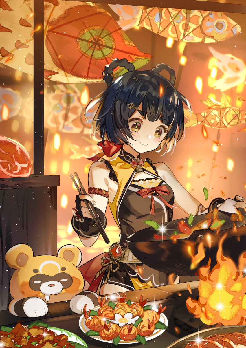 1girl absurdres bangs bare_shoulders black_dress black_gloves black_hair black_shorts china_dress chinese_clothes chopsticks closed_mouth cooking cooking_pot dress festival fingerless_gloves fire food genshin_impact gloves guoba_(genshin_impact) hair_ornament hair_rings hairclip highres holding holding_chopsticks holding_cooking_pot plate short_hair shorts sleeveless sleeveless_dress smile thick_eyebrows xiangling_(genshin_impact) yellow_eyes zishengtian123