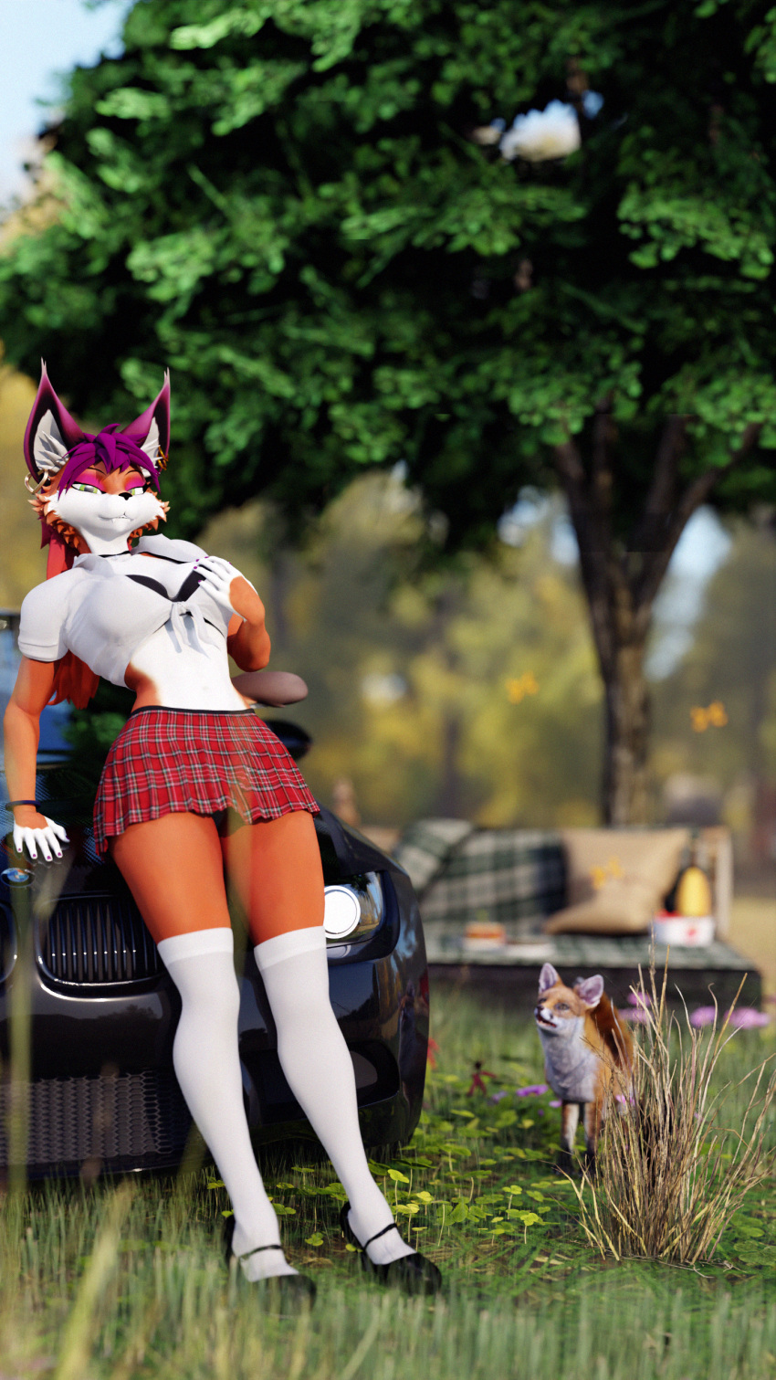&lt;3 2k 3d_(artwork) 9:16 absurd_res anthro bedding belly bite biting_lip blanket blender_(software) blender_cycles bmw bmw_m3 bokeh bottomwear bra bracelet breast_grab breast_squish breasts canid canine car choker cleavage clothed clothing colored_nails digital_media_(artwork) ear_piercing ear_ring fangs female flower footwear forest forest_background fox foxxy_vixen foxy_(original) frilly_skirt fur furniture grass green_eyes hair hand_on_breast hi_res high_heels inner_ear_fluff jewelry knee_highs knee_socks knot leaf leaning leaning_back legwear light light_beam looking_at_viewer looking_up_at_another mammal nails nature nature_background navel necklace open_clothing open_shirt open_topwear piercing pillow pinup plant pose raytraced red_body red_fur reflections ring_piercing school_uniform sexy_eyes shadow sharp_teeth shirt skirt socks sofa solo spiky_hair squish stockings stunned sun sunbeam sunlight surprised_expression teeth topwear tree tuft tuning underwear uniform vehicle weeds