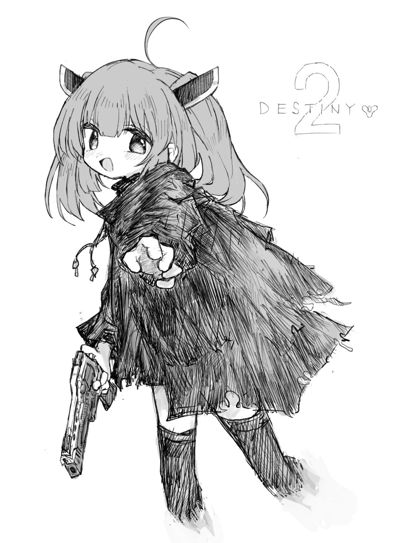 1girl ahoge blade cloak copyright_name cropped_legs destiny_(game) drawstring english_text greyscale gun hand_up headgear highres holding holding_gun holding_weapon light_blush logo looking_at_viewer medium_hair monochrome open_mouth outstretched_hand reitoubeef revolver short_hair short_twintails simple_background smile solo thighhighs touhoku_kiritan turning_head twintails upper_body voiceroid weapon zettai_ryouiki
