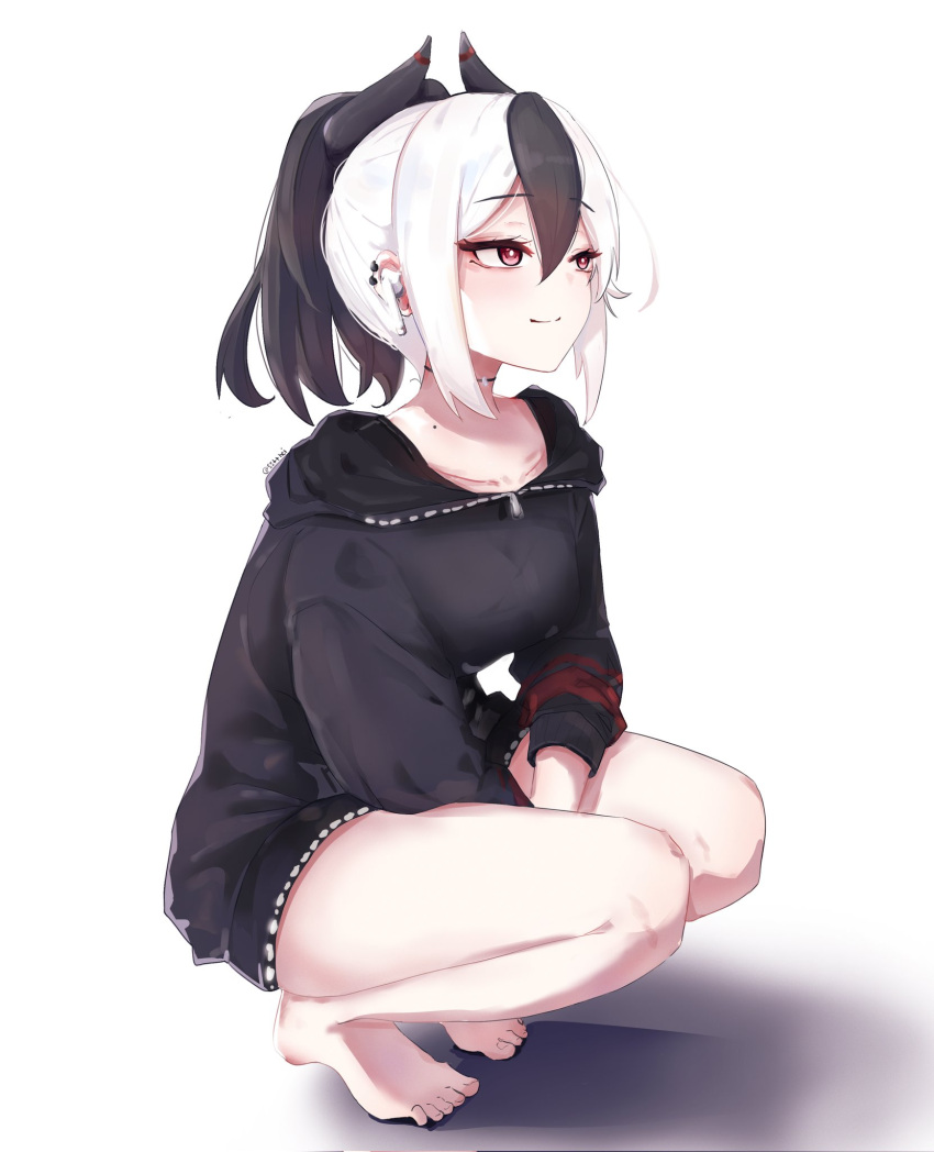 airpods barefoot blue_archive high_ponytail highres hood hoodie horns kayoko_(blue_archive) squatting sstthei thighs white_hair wireless_earphones