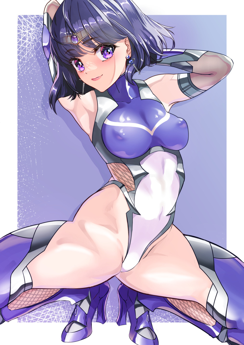 1girl absurdres arion_canvas armpits arms_behind_head bangs bishoujo_senshi_sailor_moon black_hair bow breasts circlet covered_nipples earrings elbow_gloves gem gloves high_heels highleg highleg_leotard highres jewelry leotard purple_eyes purple_gemstone purple_hair purple_leotard purple_thighhighs revision sailor_saturn short_hair small_breasts solo split spread_legs stud_earrings taimanin_(series) taimanin_suit thighhighs tomoe_hotaru