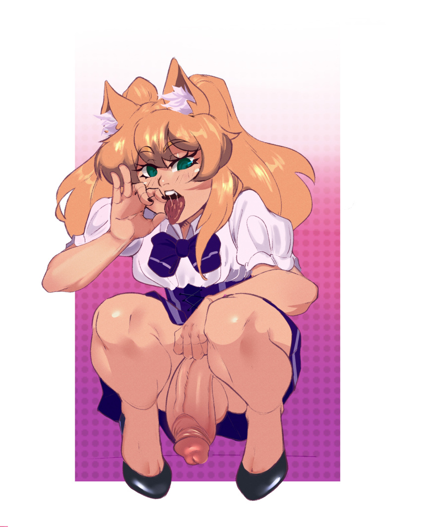 anthro balls blonde_hair bottomwear clothed clothing footwear genitals hair hi_res high_heels human humanoid looking_at_viewer male male/male mammal skirt solo thick_thighs zeo_(artist)