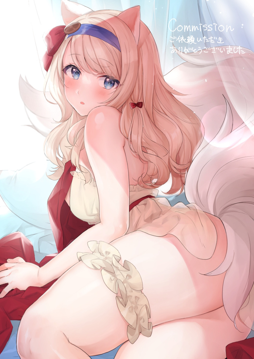 1girl animal_ears ass babydoll back bangs blonde_hair blue_eyes blue_hairband blush breasts camisole commentary commission curtains feet_out_of_frame from_behind hair_ribbon hairband highres long_hair looking_at_viewer looking_back lying medium_breasts on_bed on_side original parted_lips pillow red_ribbon ribbon skeb_commission solo swept_bangs tail thigh_strap thighs translated yellow_camisole ygcn
